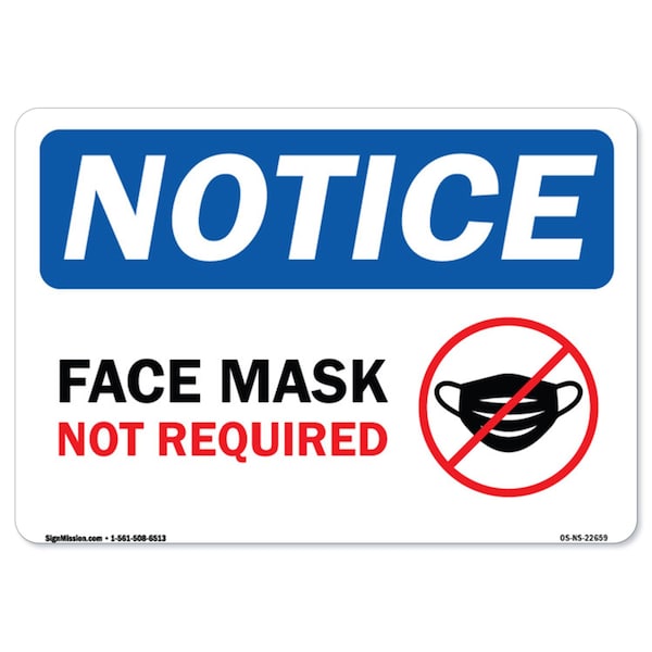 Public Sign, Face Mask Not Required, 18in X 12in Aluminum Sign, 12" W, 18" L, Face Mask Not Required